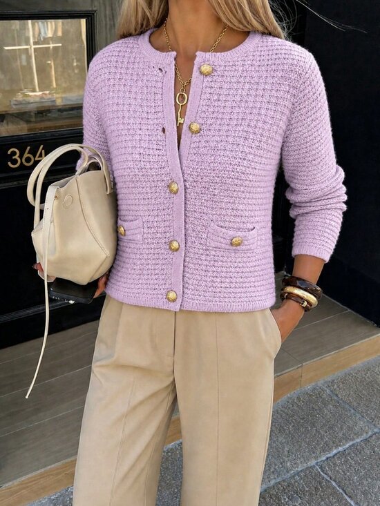 Sweaters - Pink Casual Women's Round Neck Button Pocket Knit Sweater